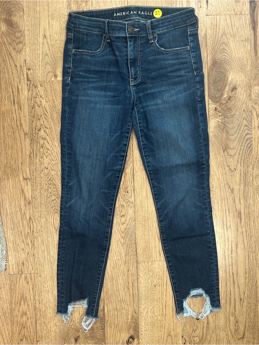 American Eagle Outfitters Dark Blue Ripped Hem High-Rise Skinny Jeans